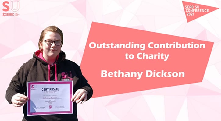 SU Award Graphic, featuring Bethany Dickson with her award certificate, text reading "Outstanding Contribution to Charity, Bethany Dickson